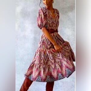 Conditions Apply Anthropologie Puff Sleeve Midi Dress Pink Multi Size 8